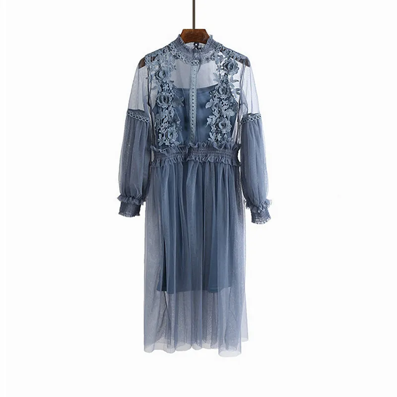 2021 Spring Autumn New Female Chic Flower Lantern Sleeve Gauze Lace Pleated Dress Women'S Waist Slim