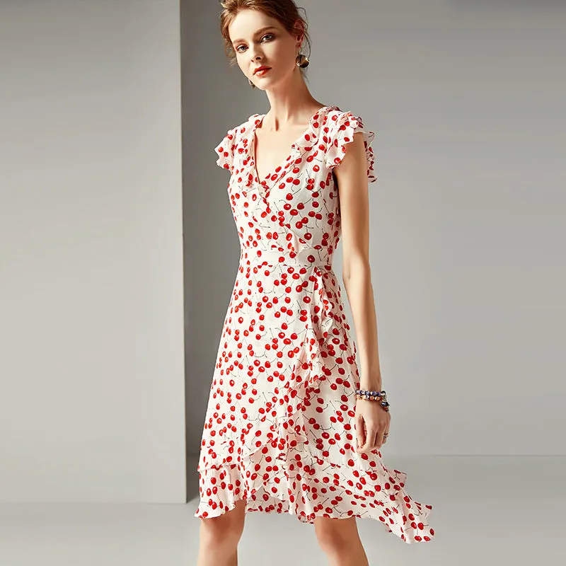 2023 Spring And Summer Women'S New Fashion V-Neck Ruffled Waist Slimming Silk Printed A-Line Dress