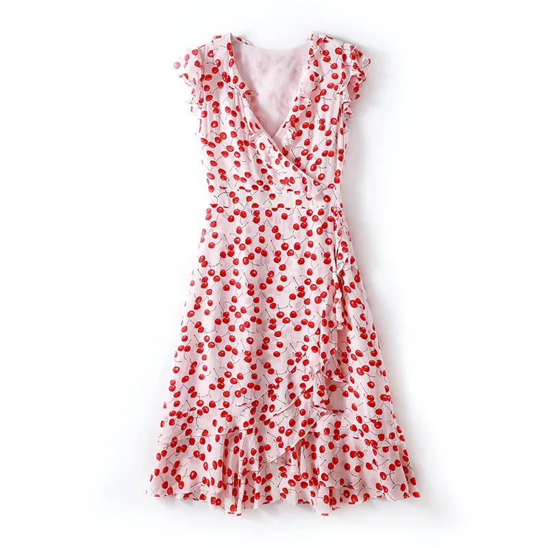 2023 Spring And Summer Women'S New Fashion V-Neck Ruffled Waist Slimming Silk Printed A-Line Dress