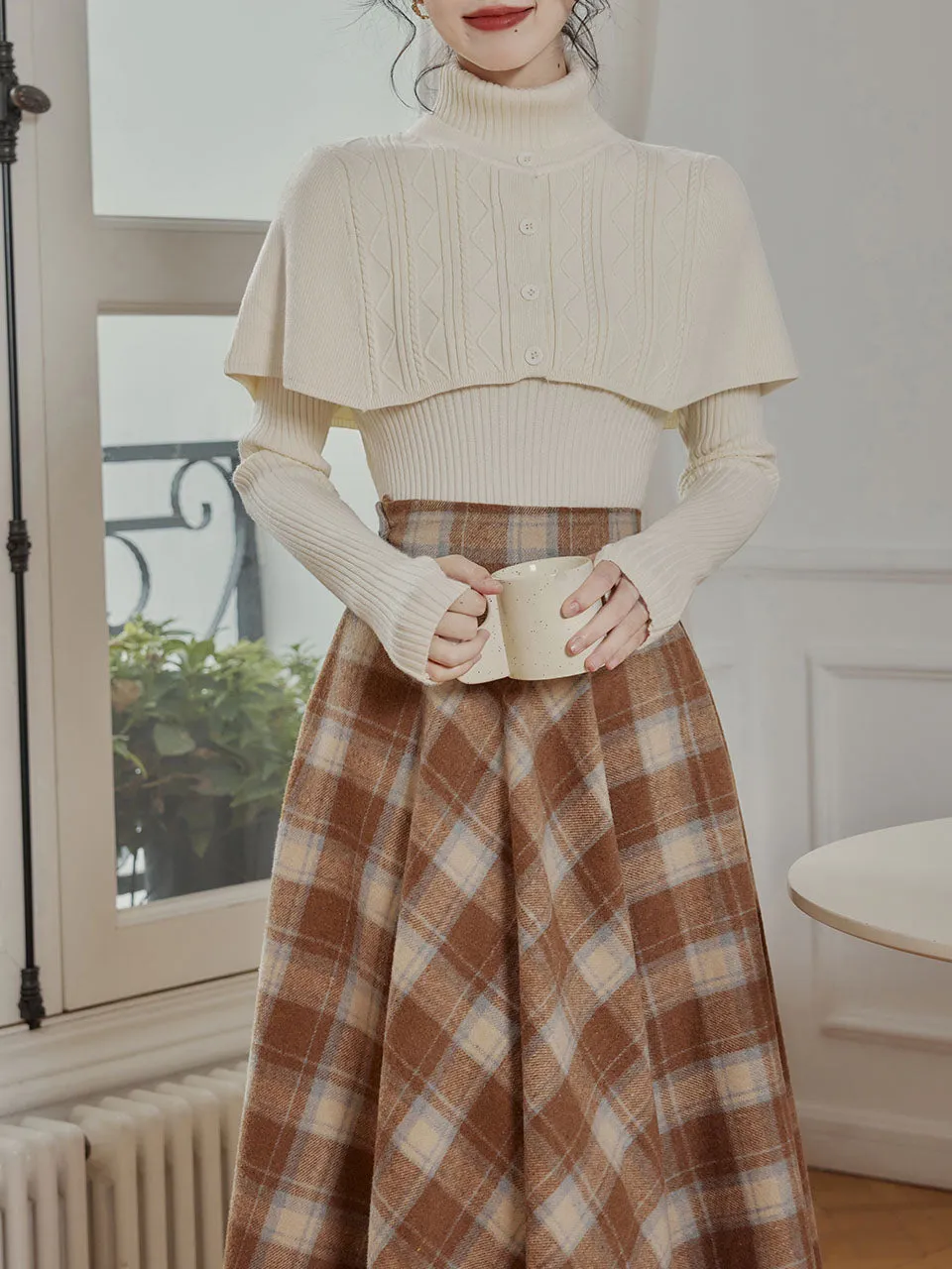 3PS Apricot Sweater Cape And Pleated Plaid Swing Skirt 1950S Vintage Outfits