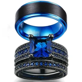 8mm Black Brushed Matte Blue Tungsten Carbide and Blue Cubic Zirconia Wedding Ring Set