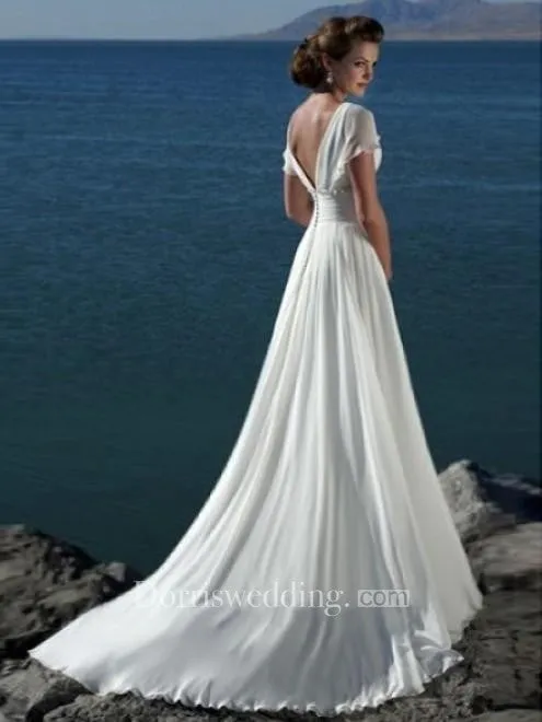 A-line V-neck Short Sleeves Beading Sweep Train Chiffon Beach Wedding Dress-709205