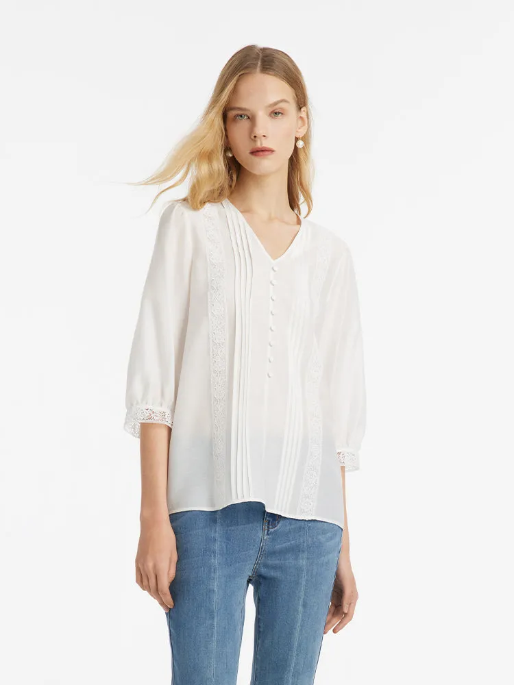 Acetate V-Neck Lace Trim Women Blouse