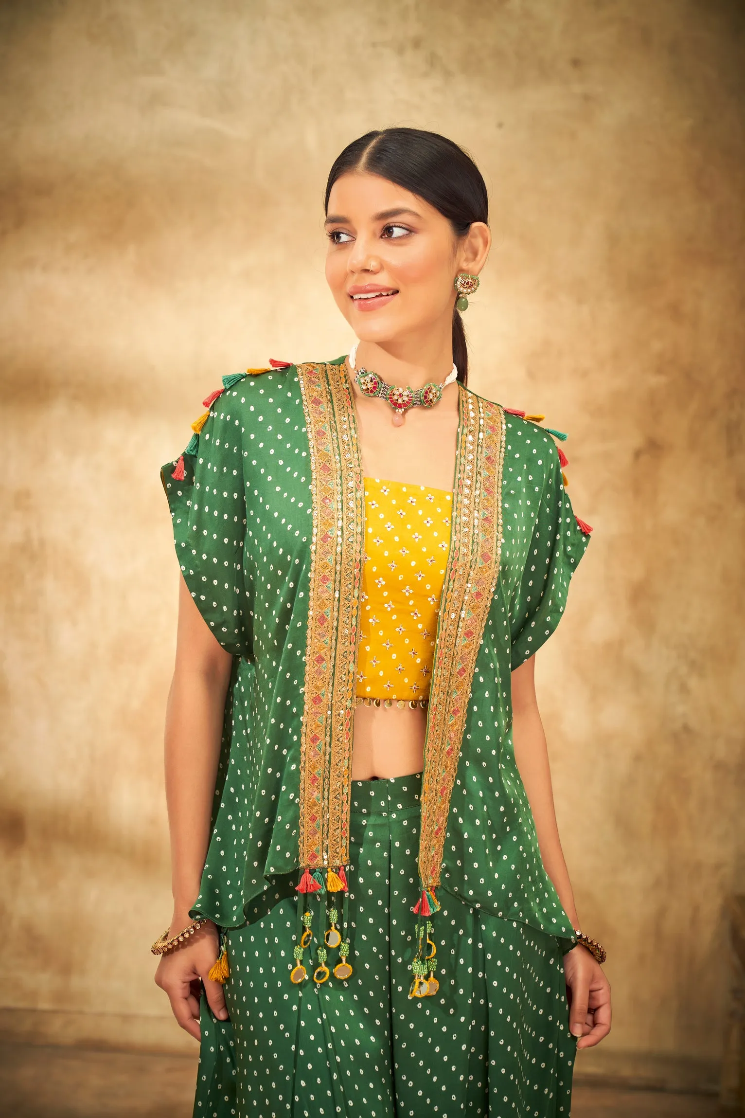 Aditi Somani's Beautiful Olive green bandhej cape set - Rent