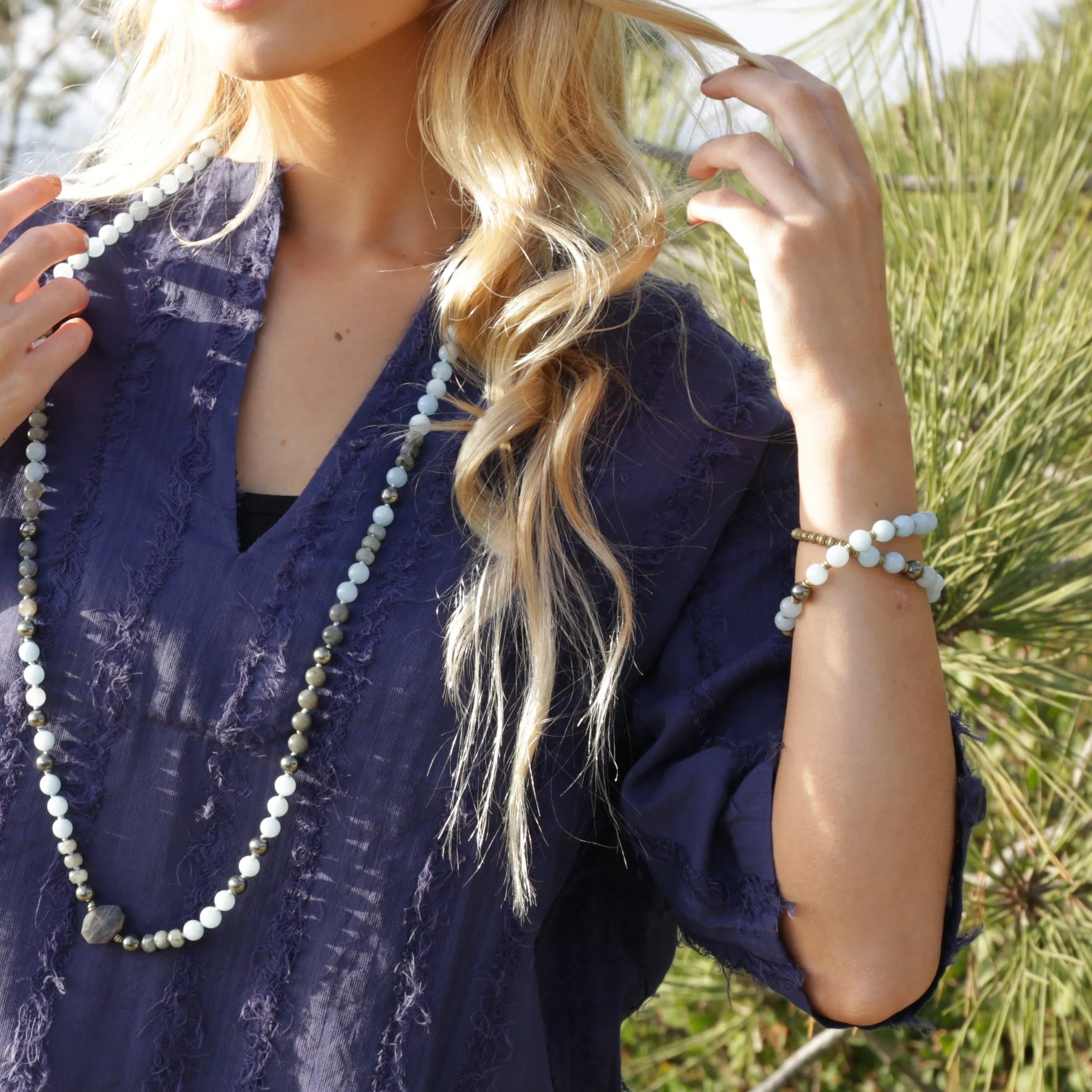 Aquamarine and Pyrite Mala Bracelet for Communication and Confidence