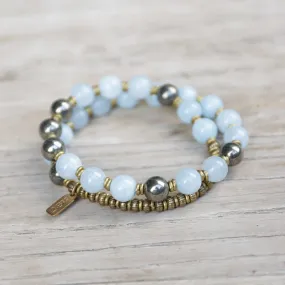 Aquamarine and Pyrite Mala Bracelet for Communication and Confidence