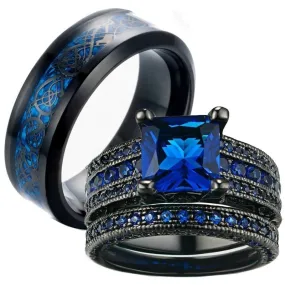 Black Celtic Dragon Inlay and Blue Cubic Zirconia Stainless Steel Wedding Ring Set