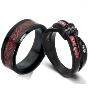 Black Celtic Dragon Inlay and Bow White/Red Cubic Zirconia Stainless Steel Wedding Ring Set