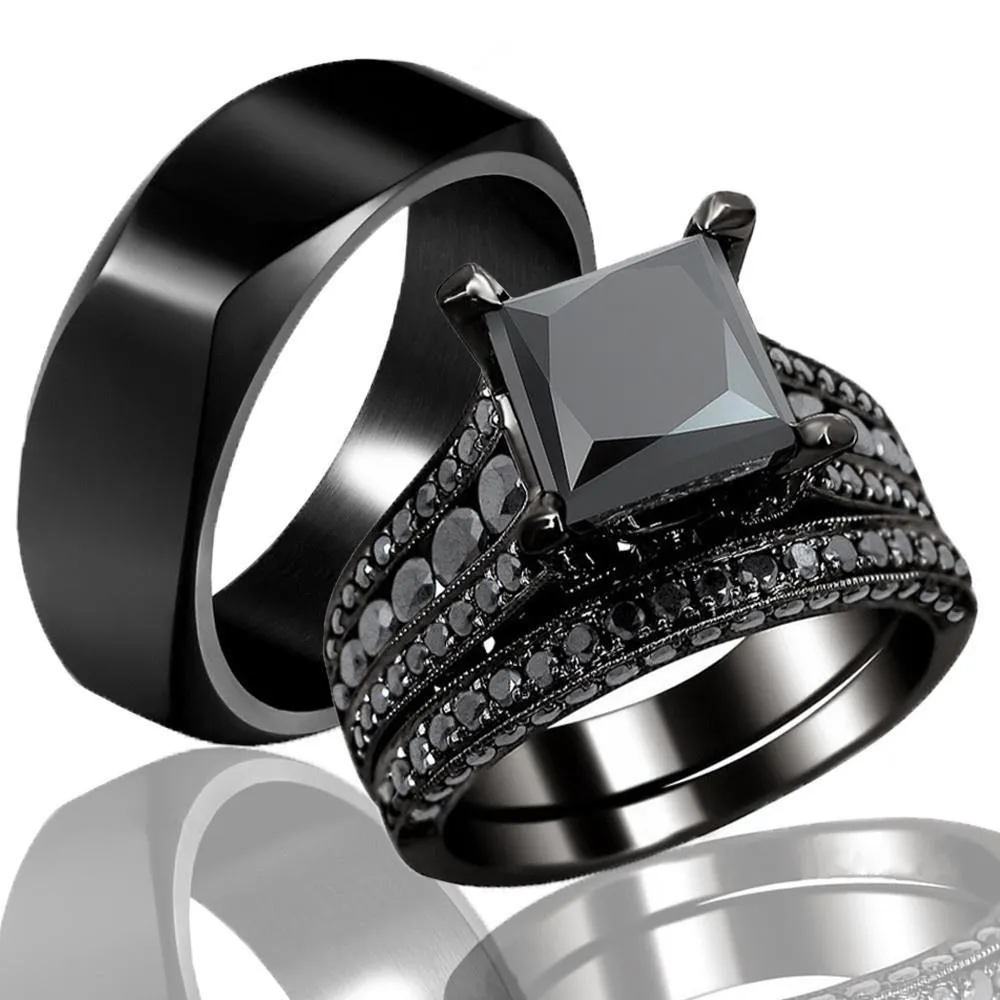 Black Cubic Zirconia and Plain Tungsten Carbide Wedding Ring Set