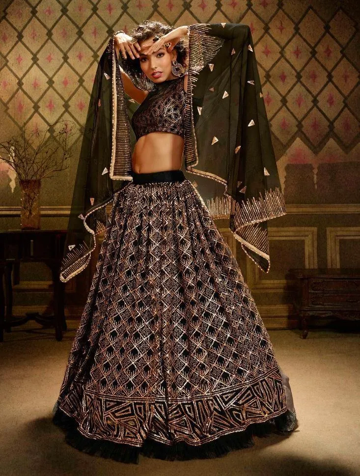 Black Soft Net Bridal Wear Lehenga Set - Clearance