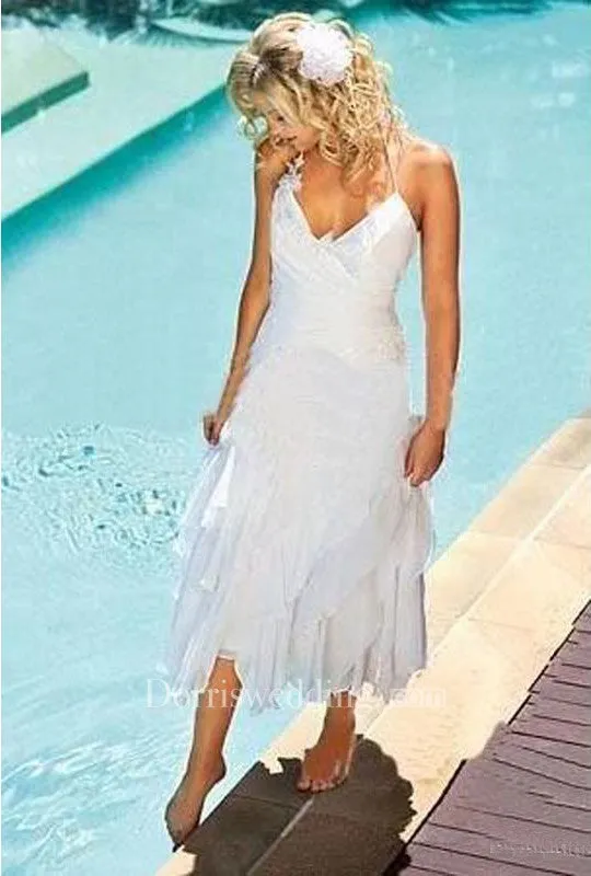 Bohemian Beach Halter Neck Tea Length Chiffon Bridal Gown-715388