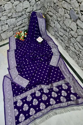 Deep Purple Color Georgette Banarasi Saree with Silver Zari Work Allover