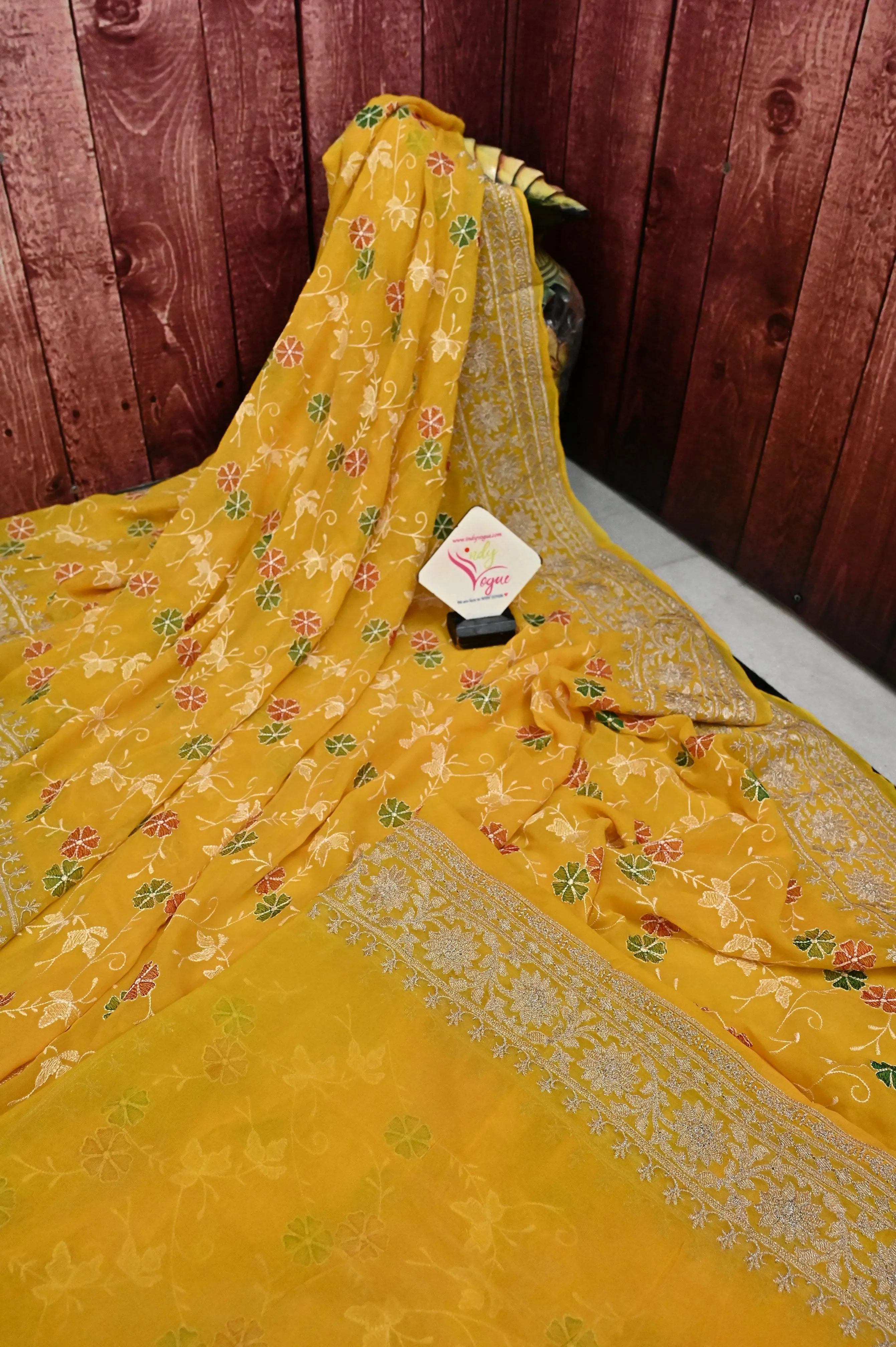 Deep Yellow Color Georgette Saree with Machine Embroidery