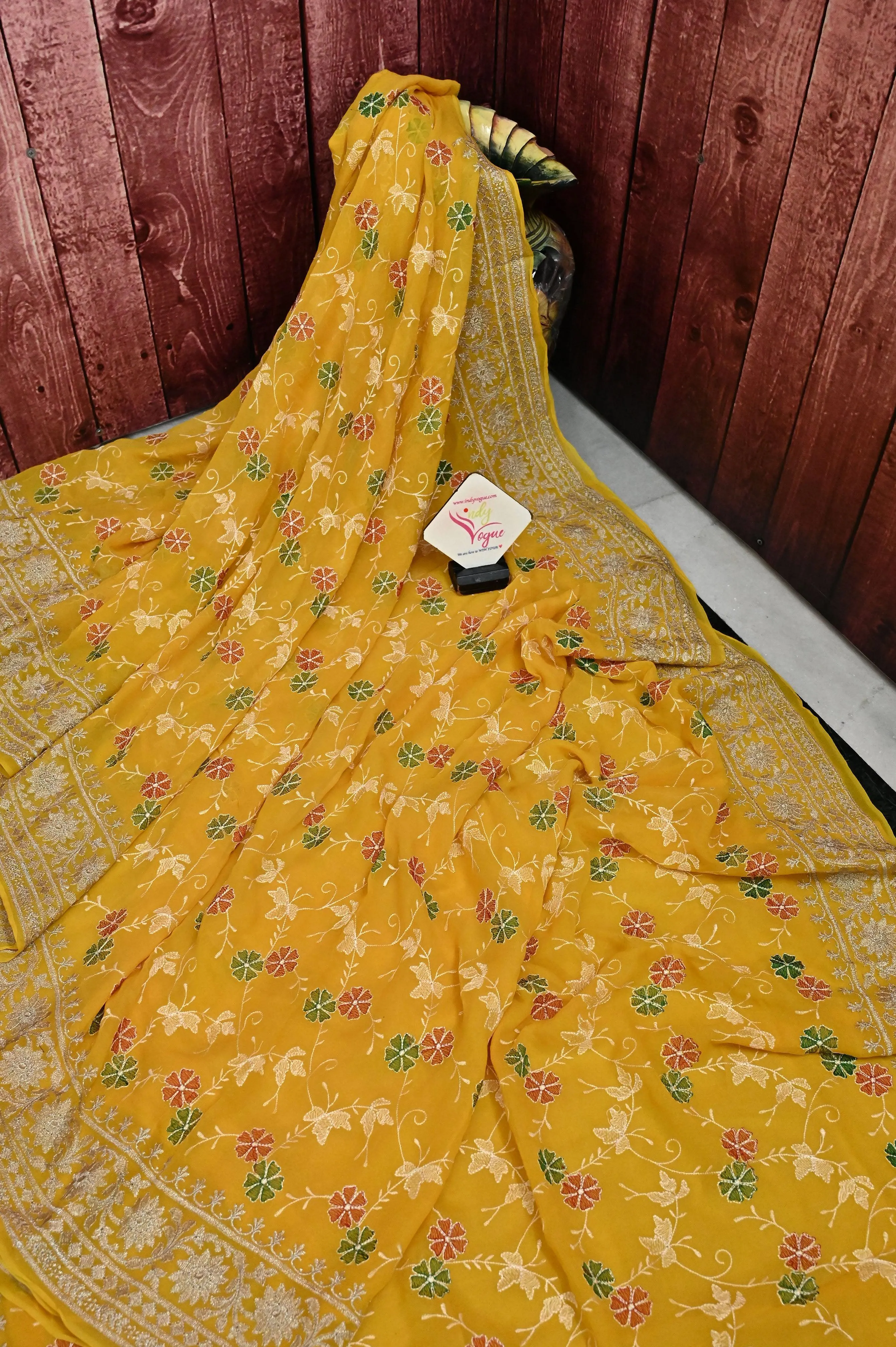 Deep Yellow Color Georgette Saree with Machine Embroidery