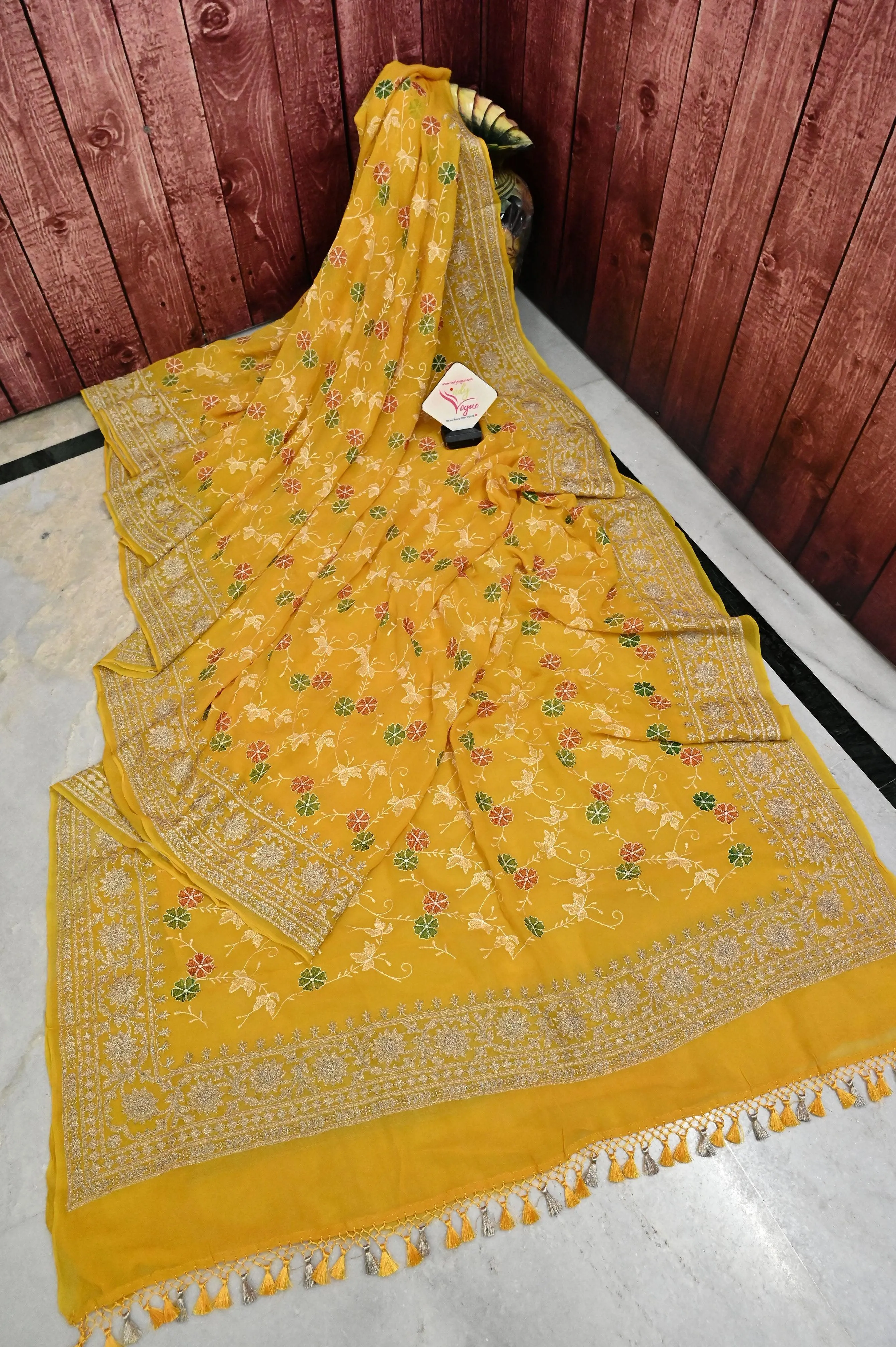 Deep Yellow Color Georgette Saree with Machine Embroidery