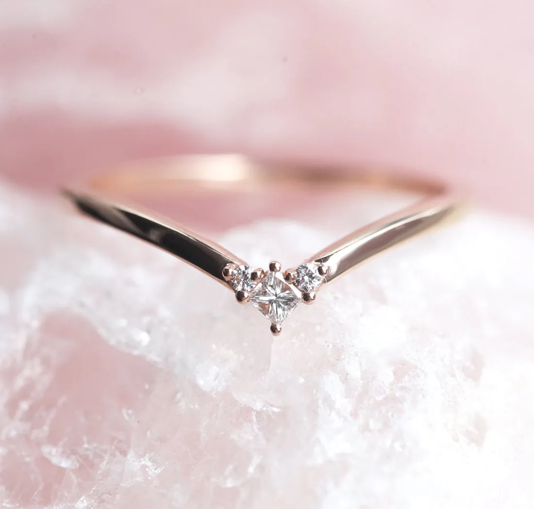 Diamond Wedding Band, Chevron Ring, Rose Gold Ring, V Shaped Ring, Platinum Curved Nesting Band