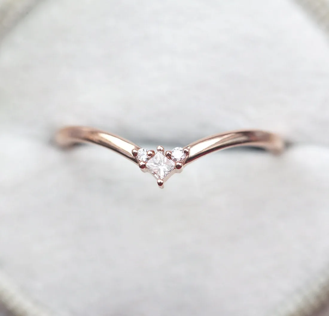 Diamond Wedding Band, Chevron Ring, Rose Gold Ring, V Shaped Ring, Platinum Curved Nesting Band