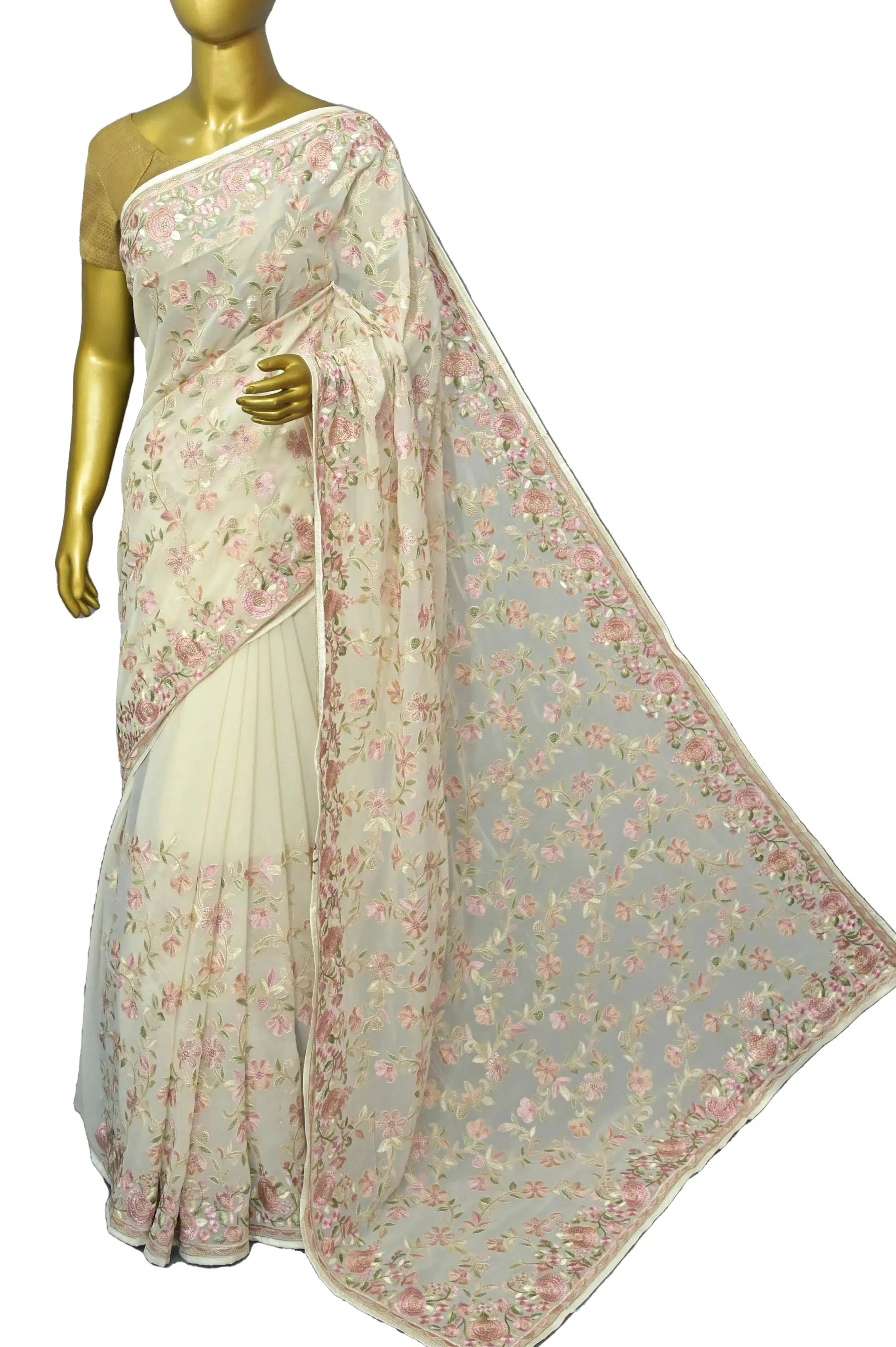 Dirty Offwhite Color Georgette Saree with Embroidery Work