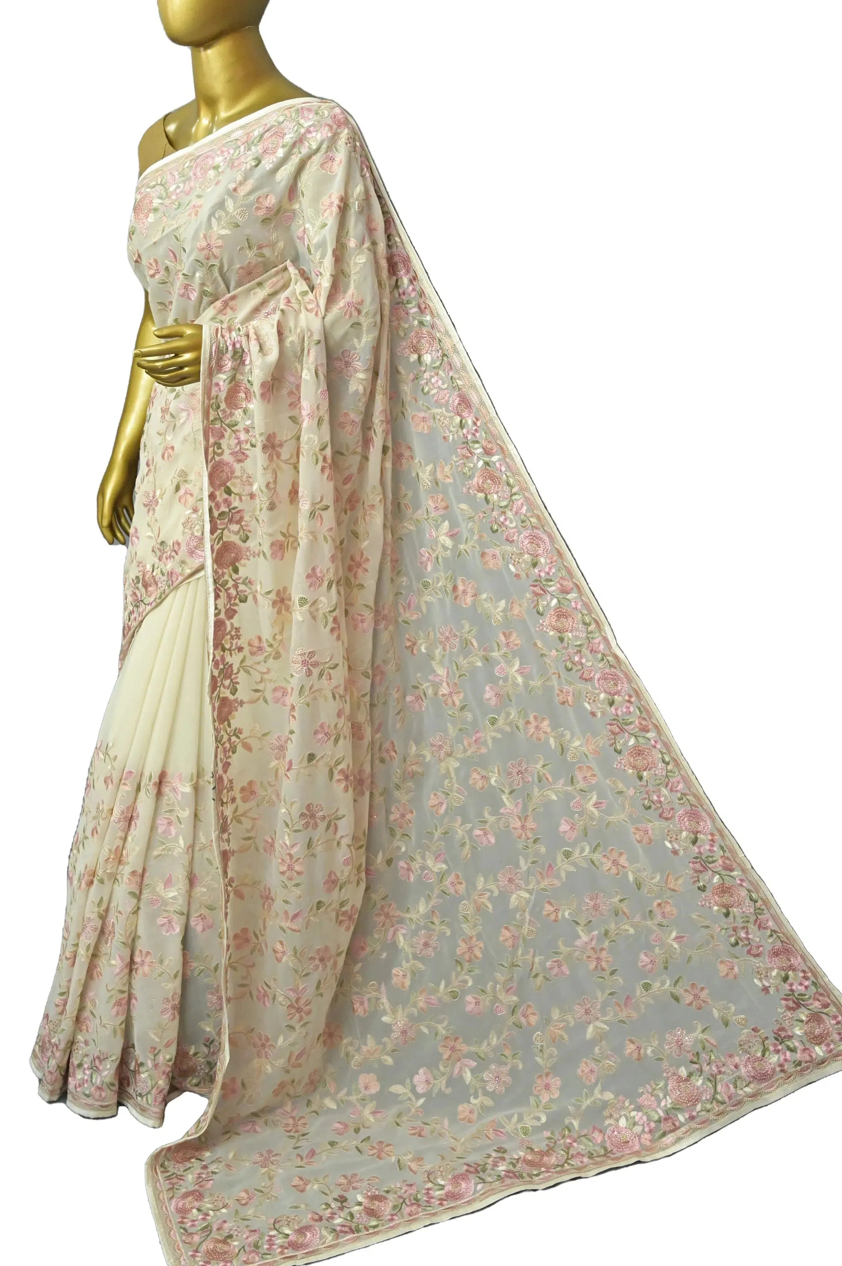 Dirty Offwhite Color Georgette Saree with Embroidery Work