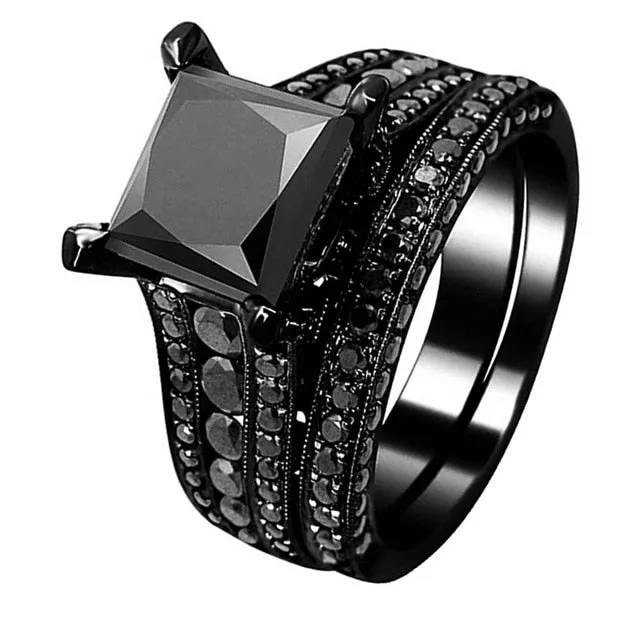 Double Row and Black Cubic Zirconia 316L Stainless Steel Wedding Ring Set