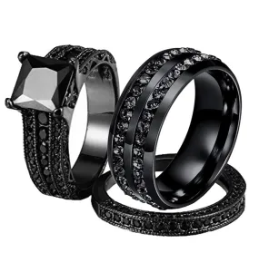 Double Row and Black Cubic Zirconia 316L Stainless Steel Wedding Ring Set