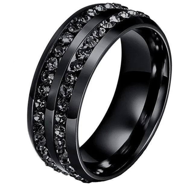 Double Row and Black Cubic Zirconia 316L Stainless Steel Wedding Ring Set