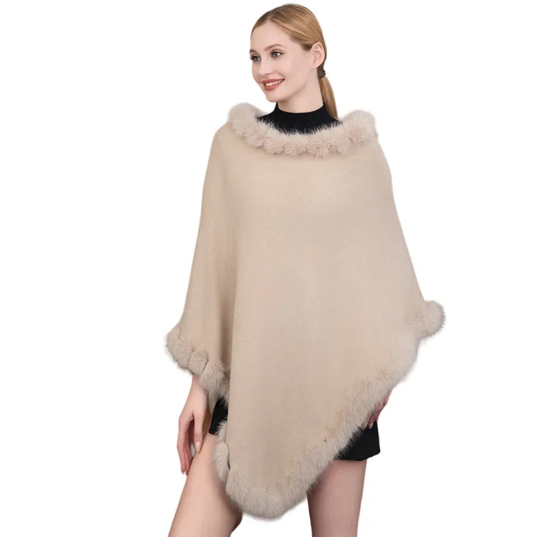 Faux Fur Trimmed Solid Poncho