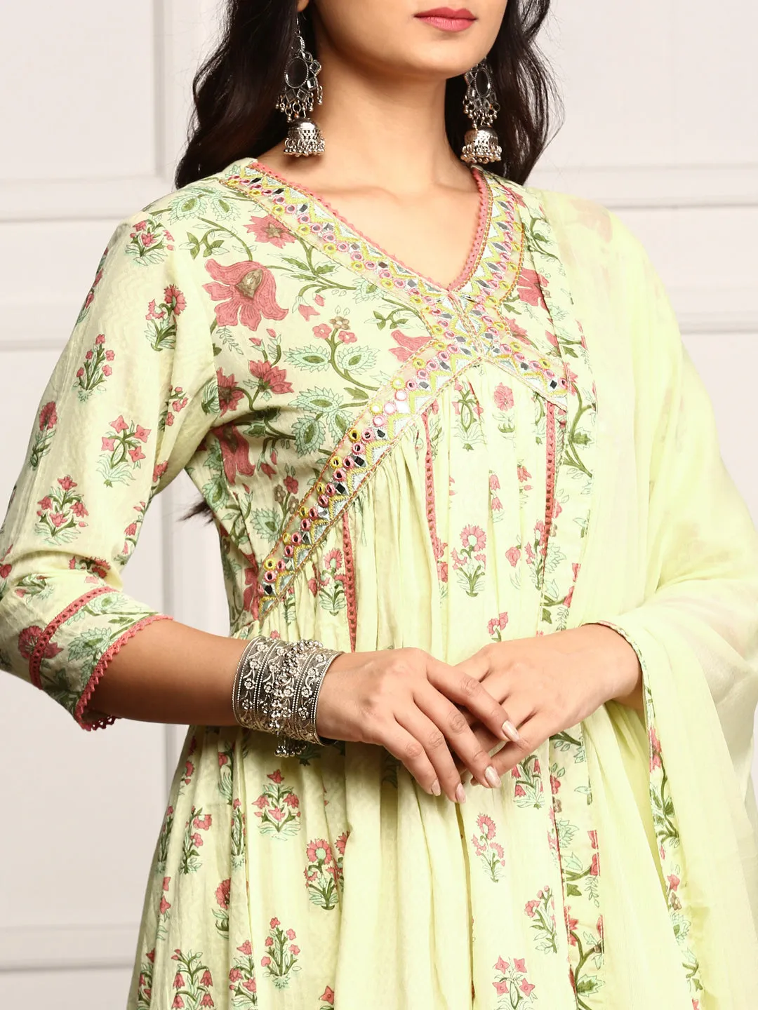 Floral Motifs Printed Empire Mirror Work Anarkali Kurta With Trousers & Dupatta