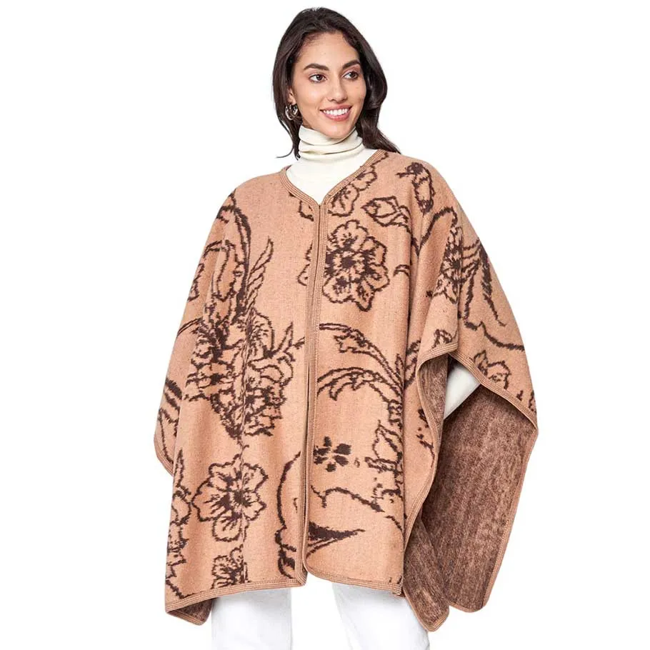 Floral Patterned Woven Ruana Poncho