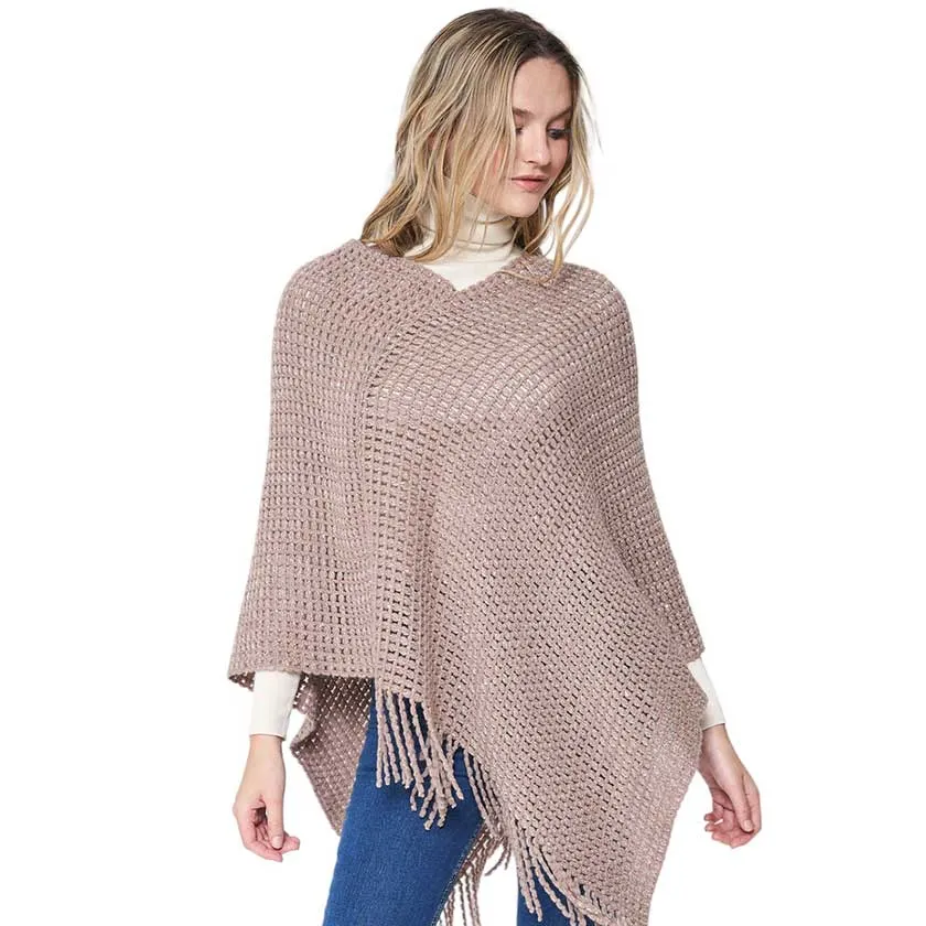 Fringed Solid Knit Poncho