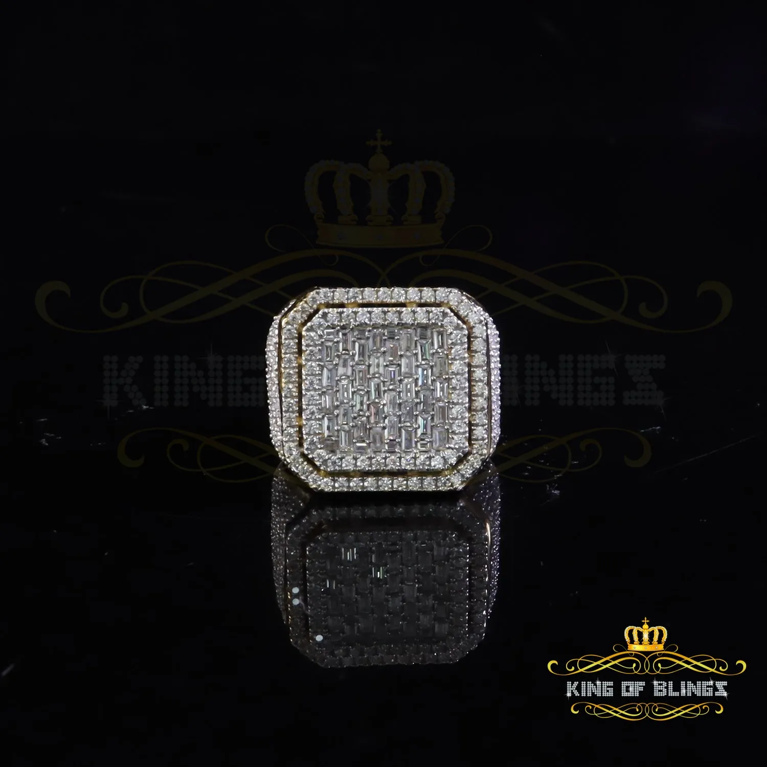 King of Bling's Men's 925 Yellow Sterling Silver 6.50ct VVS 'D' Moissanite Square Rings SZ 10