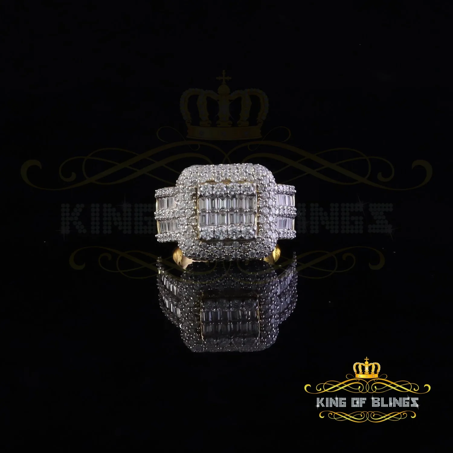 King of Bling's White Sterling Silver 5.50ct VVS D Baguetts Moissanite Square Ring Men's Size 11