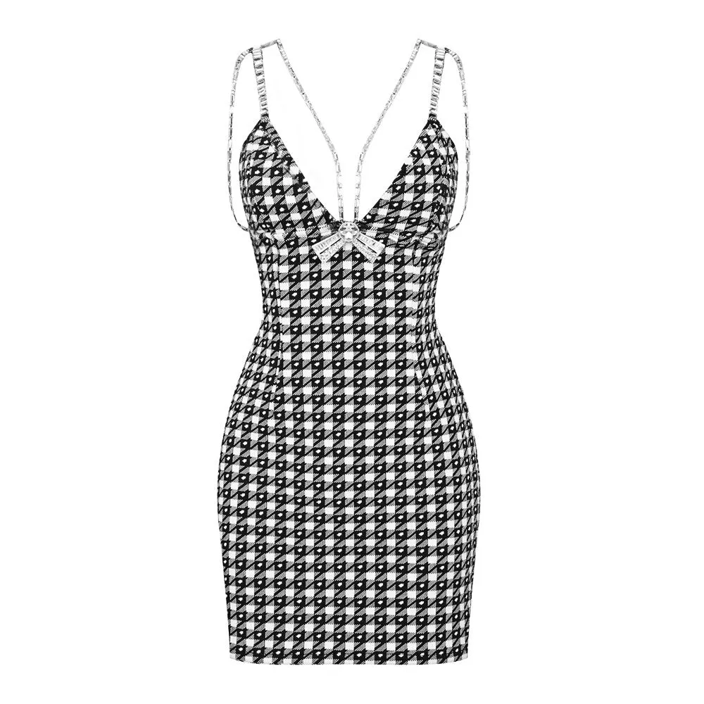 Luxury Summer Vacation Dresses Vintage Houndstooth Dress For Women Sexy V Neck