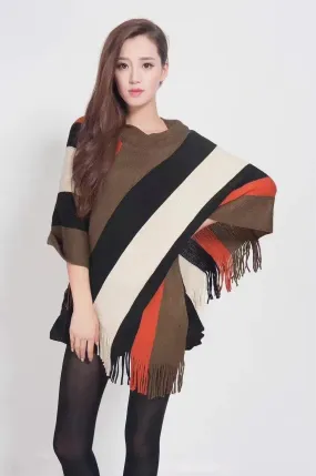 Manra Women Knitted Cape Poncho - Orange, Black & Brown Strips with Fringe