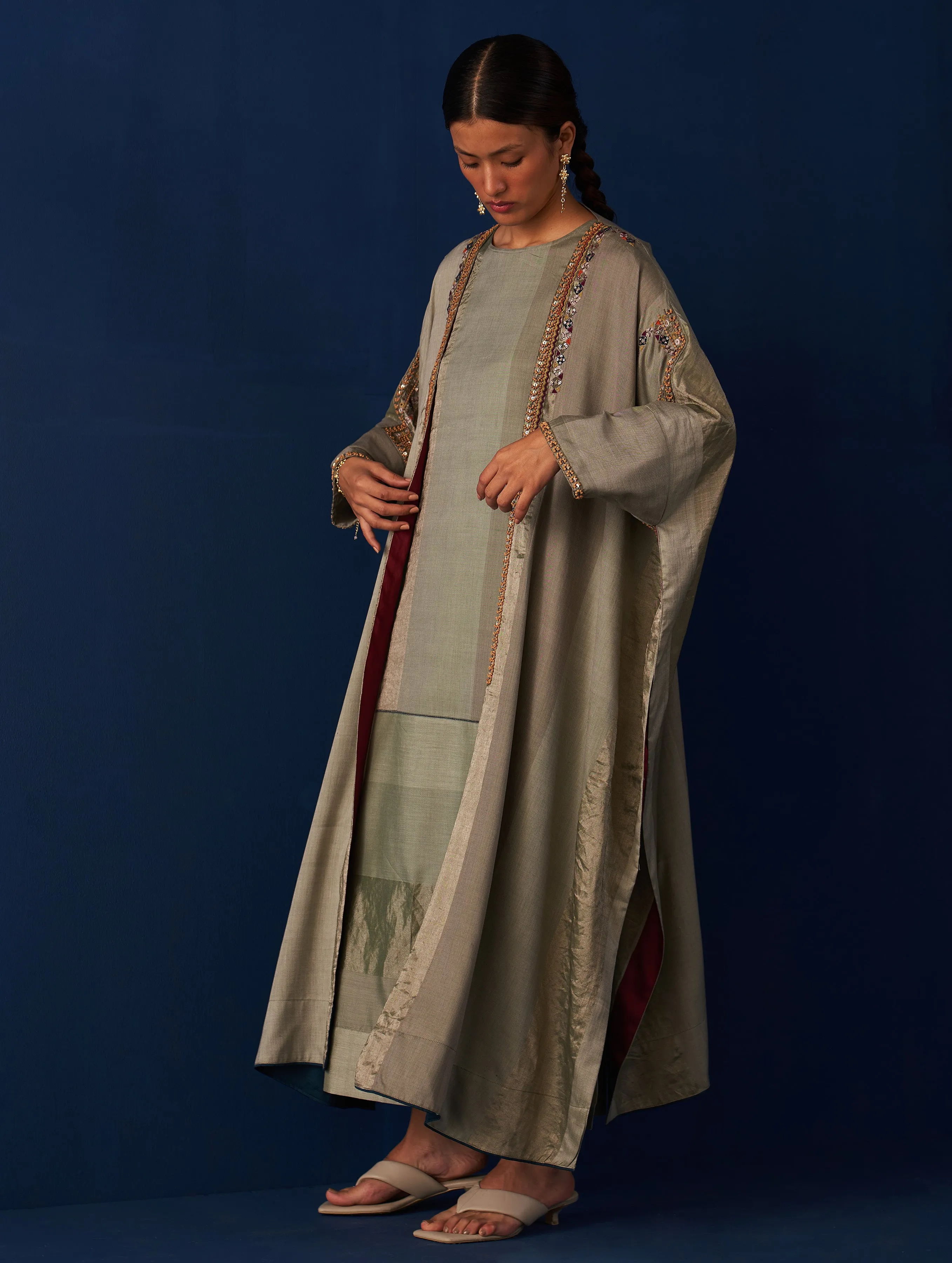 Nadia Embroidered Overlay with Dress -Sage Grey