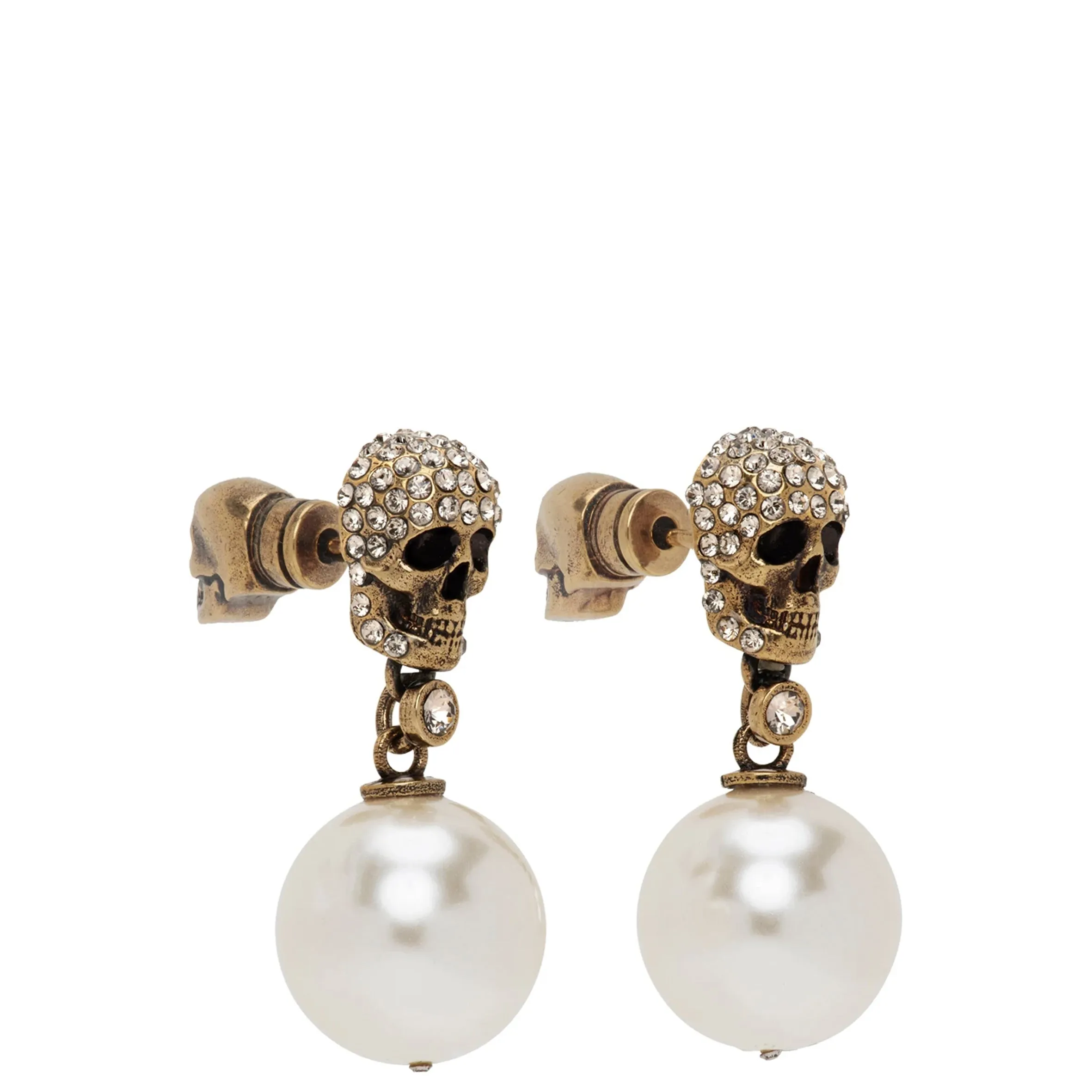 Pearl Pave Skull Earrings, Gold