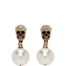 Pearl Pave Skull Earrings, Gold