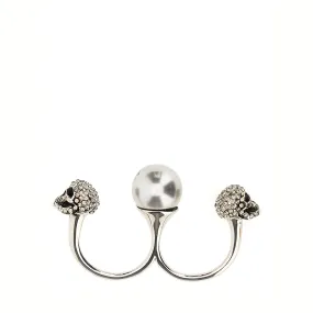 Pearl Skull Double Ring, Silver