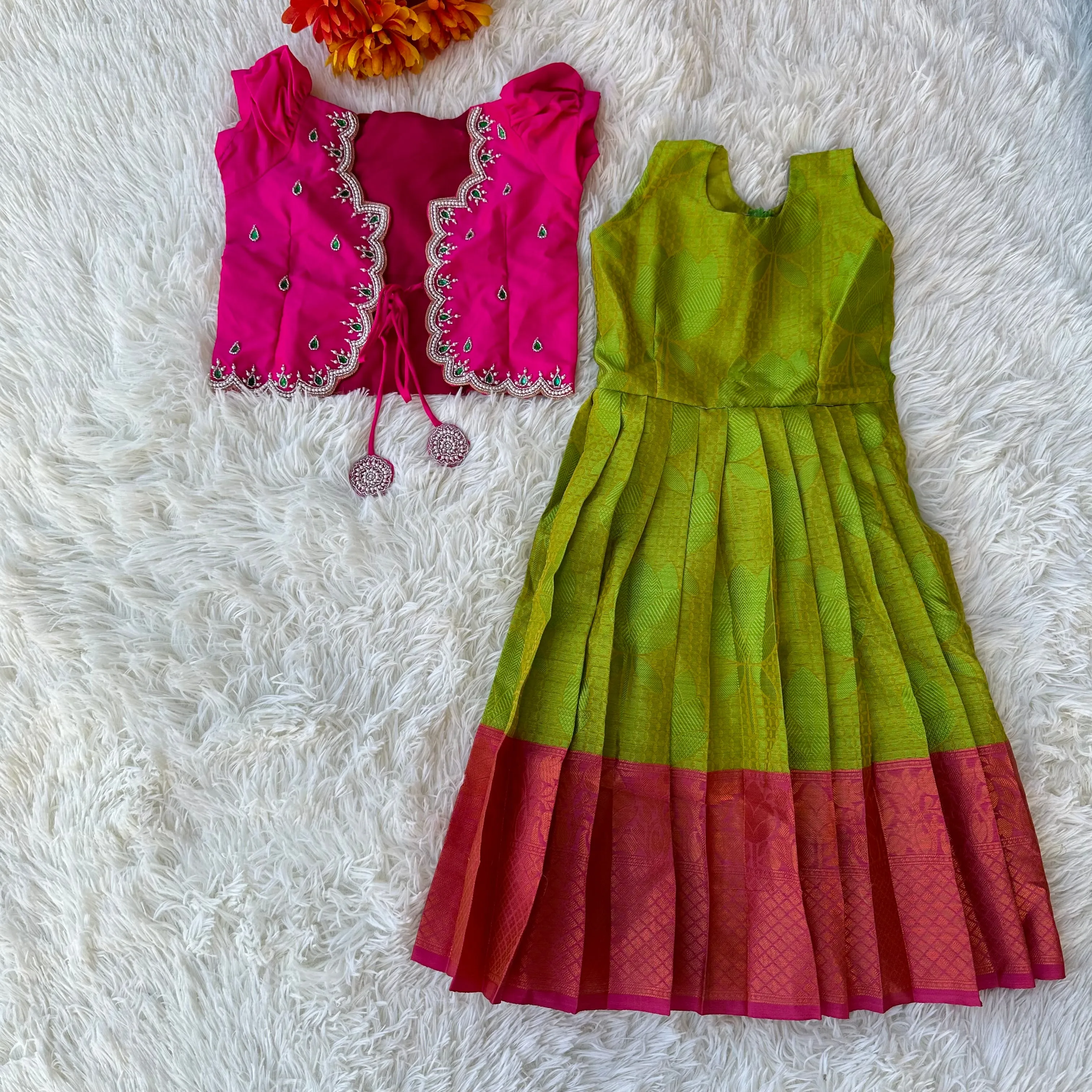 Radiant Duo: Green Kors Silk Frock, Pink Aari