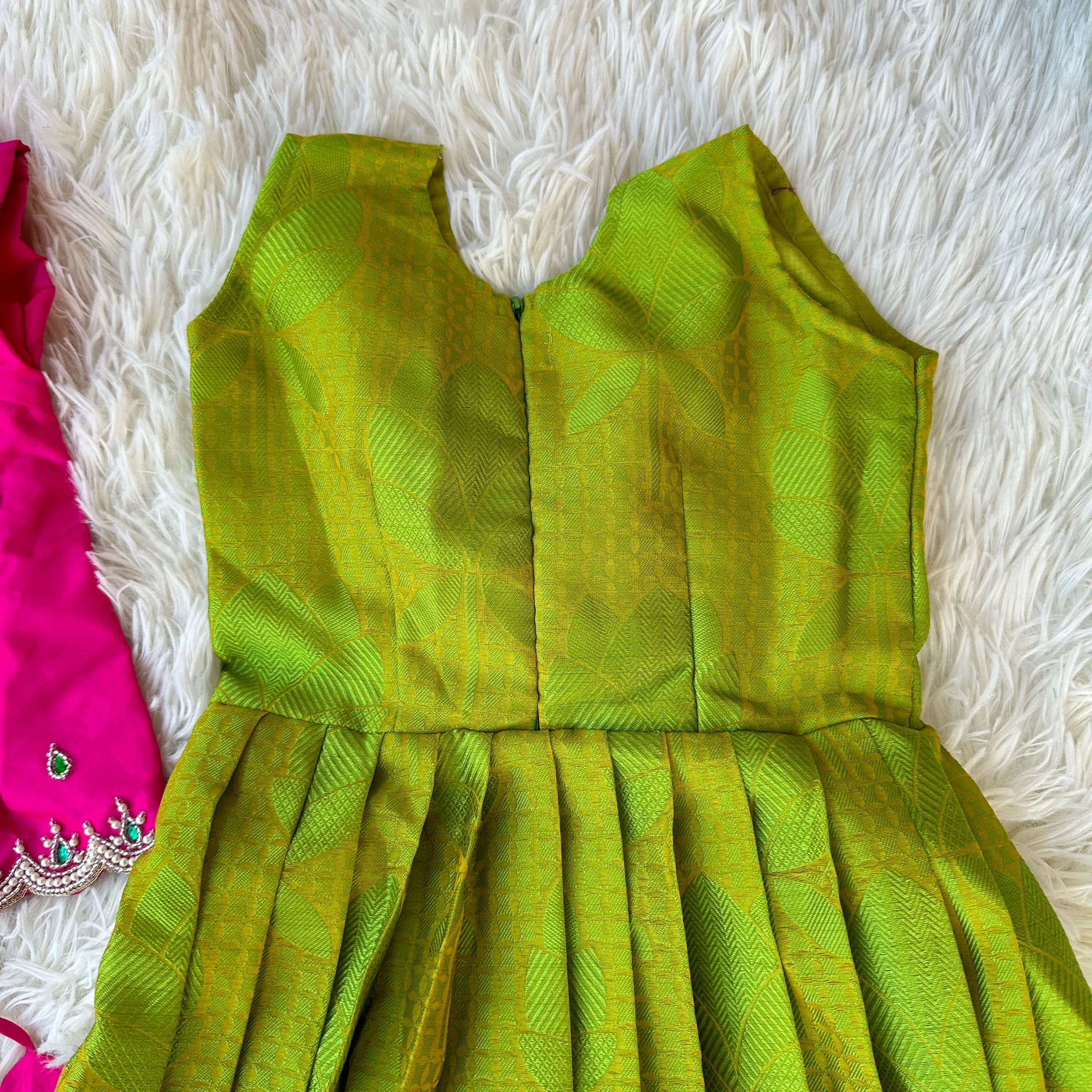 Radiant Duo: Green Kors Silk Frock, Pink Aari