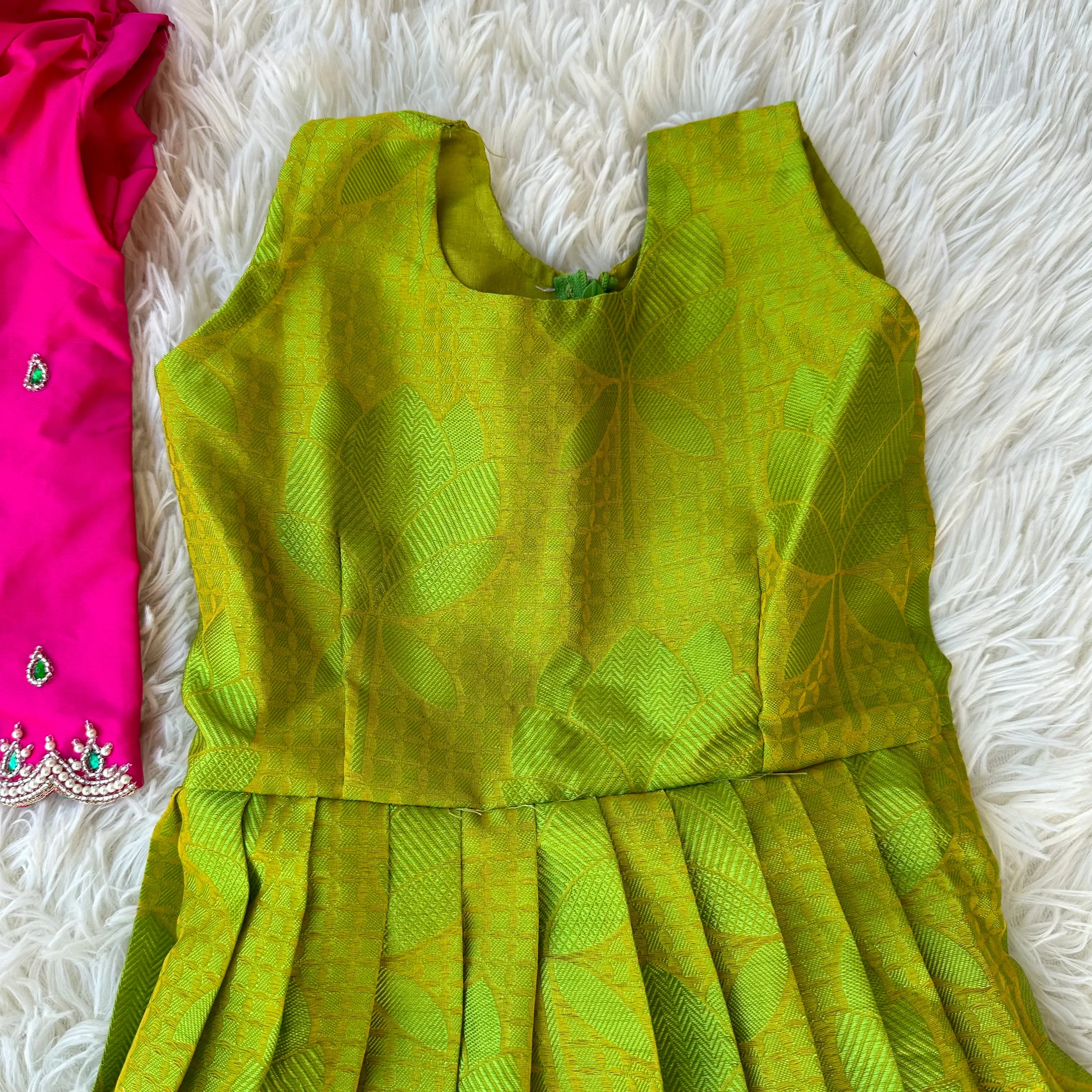 Radiant Duo: Green Kors Silk Frock, Pink Aari