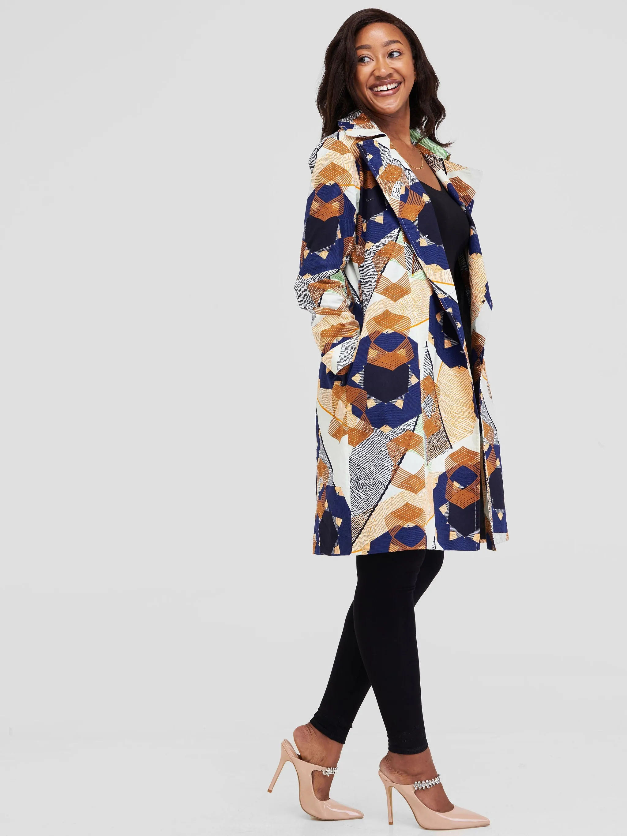 Safari Anga Trench Coat - Cream / Brown Ankara Print