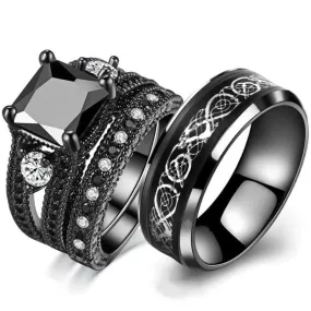 Silver Celtic Dragon Inlay and Black Cubic Zirconia Stainless Steel Wedding Ring Set