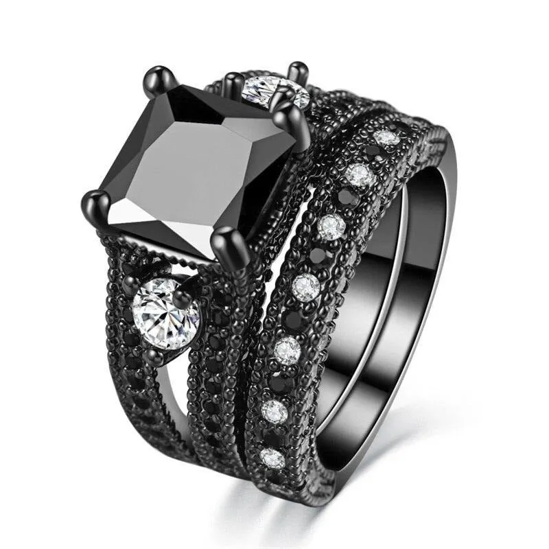 Silver Celtic Dragon Inlay and Black Cubic Zirconia Stainless Steel Wedding Ring Set