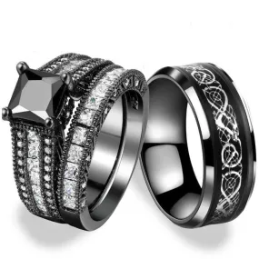 Silver Celtic Dragon Inlay and Black Rhinestone Stainless Steel Wedding Bands Set