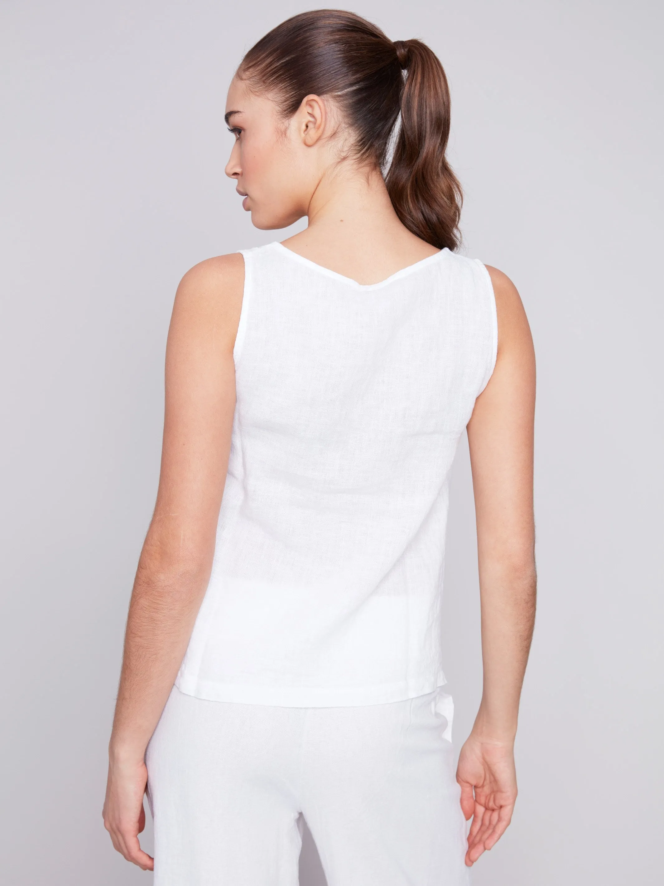 Sleeveless Linen Top with Slit - White