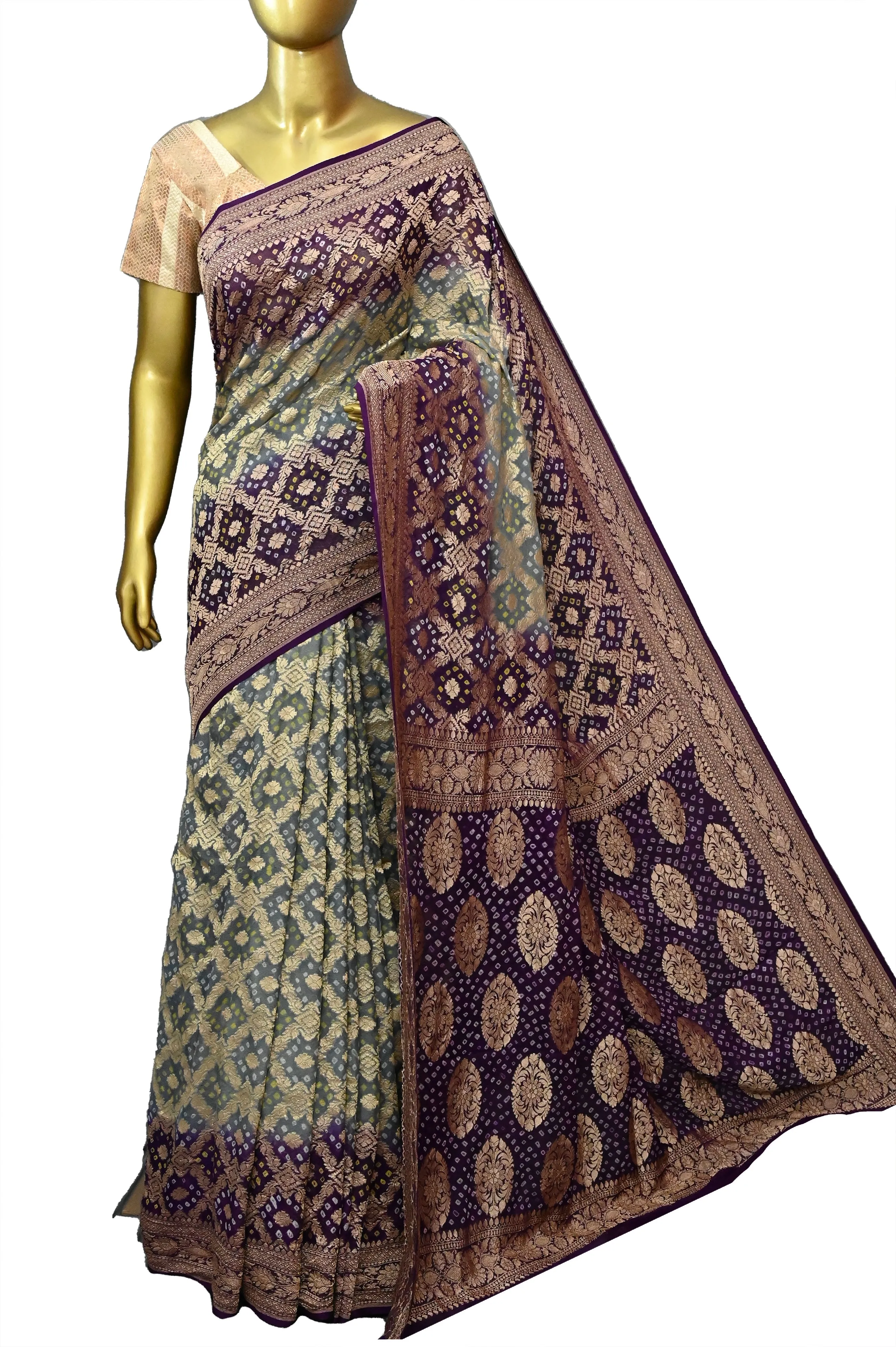 Steel Grey and Purple Color Khaddi Georgette Banarasi Saree with Hand Bandhani Work and Water Zari Work