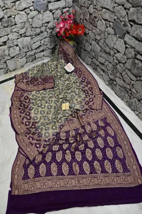 Steel Grey and Purple Color Khaddi Georgette Banarasi Saree with Hand Bandhani Work and Water Zari Work