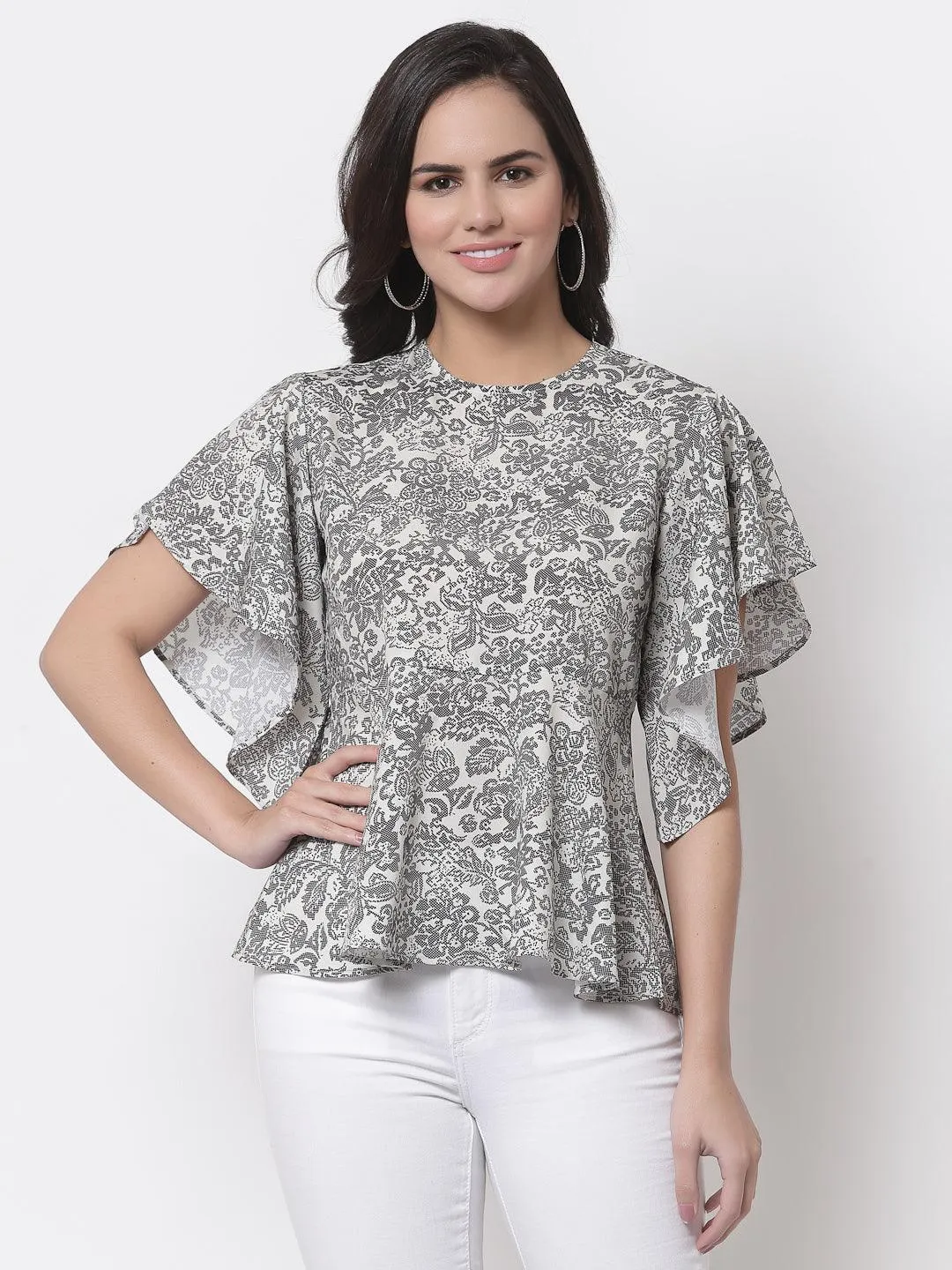 Style Quotient Beige Print Crepe Peplum Top