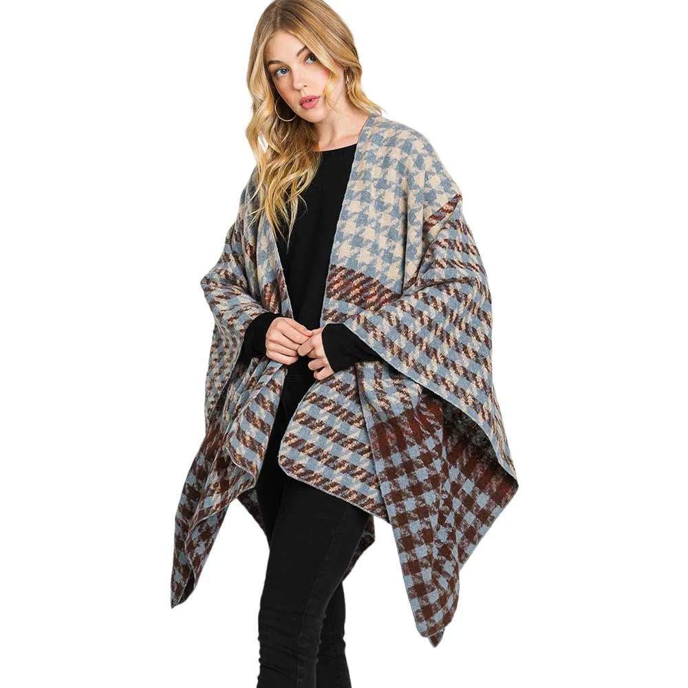 Trendy Houndstooth Patterned Ruana Poncho